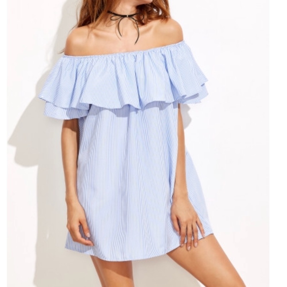 EUC Blue Striped Off-Shoulder Ruffle Mini Dress - Size S/M Nautical Summer Boho - Picture 4 of 9